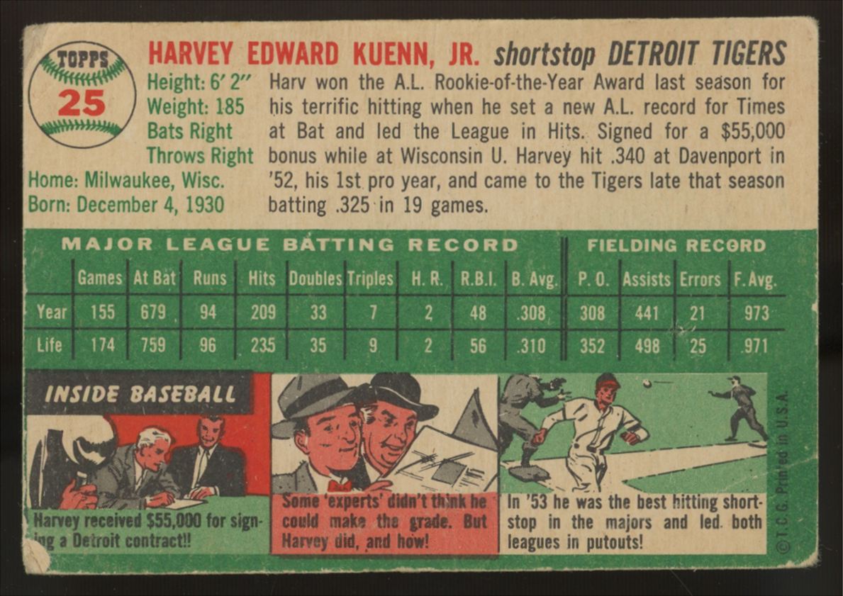 1954 Topps Harvey Kuenn RC #25 G/VG
