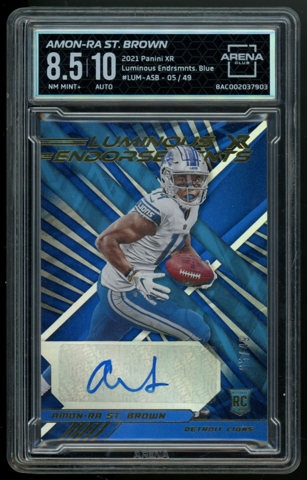 2021 Panini XR Amon-Ra St. Brown RC Blue Luminous Endorsements Auto /49 AC 8.5