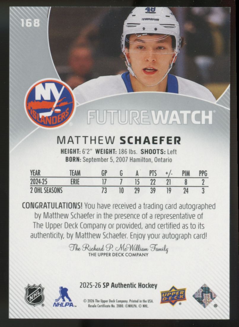 2025-26 Upper Deck SP Authentic Matthew Schaefer RC Future Watch Auto /999 #168