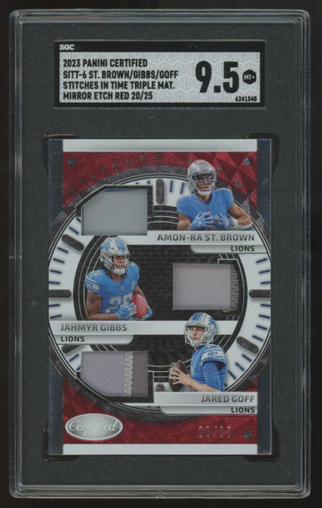 2023 Certified St. Brown/Gibbs/Goff Mirror Red Etch Triple Patch /25 SGC 9.5