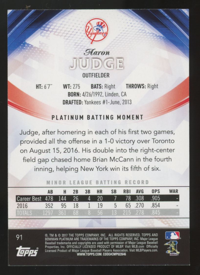 2017 Bowman Platinum Aaron Judge RC #91 "A"