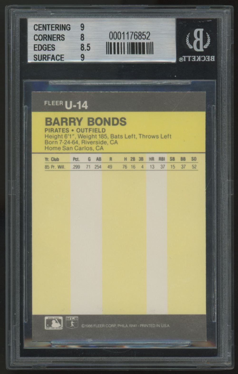 1986 Fleer Update Barry Bonds RC #U-14 BGS 8.5 *852