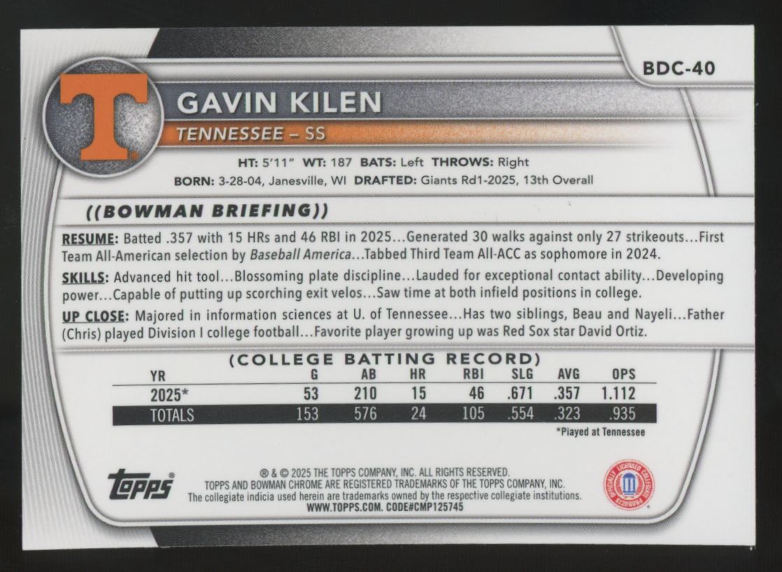2025 Bowman Draft Gavin Kilen Chrome Prospect Refractor #BDC-40