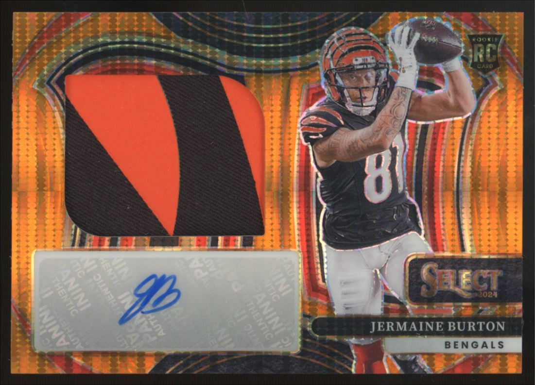2024 Panini Select Jermaine Burton RC Neon Orange Pulsar Patch Auto RPA /35