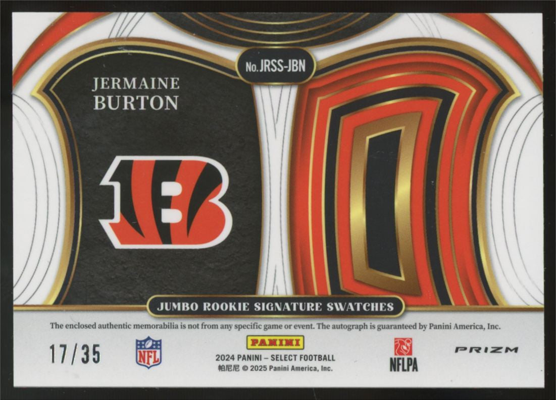 2024 Panini Select Jermaine Burton RC Neon Orange Pulsar Patch Auto RPA /35