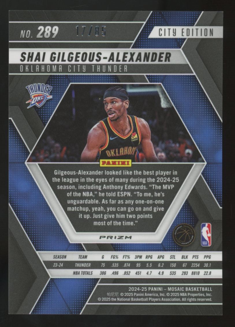 2024-25 Panini Mosaic Shai Gilgeous-Alexander City Edition Fast Break Blue /85 #289