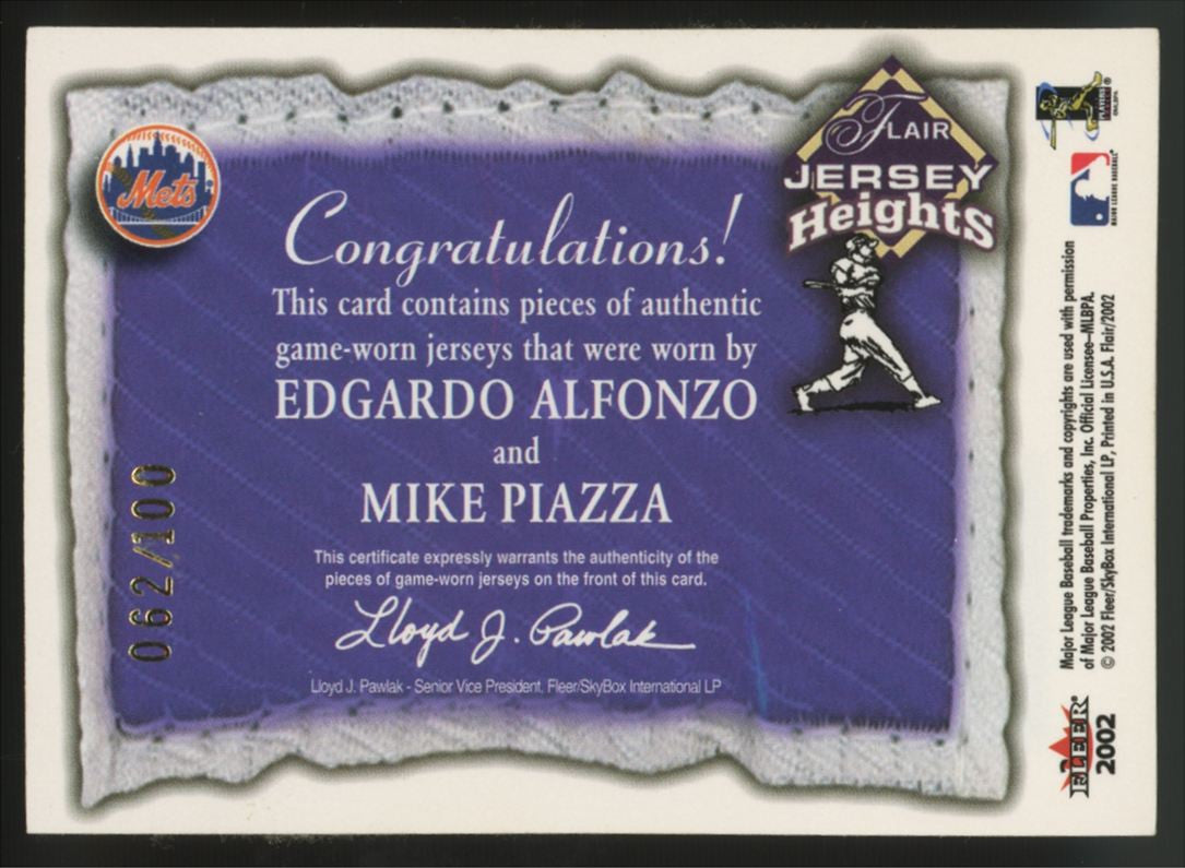 2002 Flair Mike Piazza E. Alfonzo Jersey Heights Game-Worn Dual Patch /100