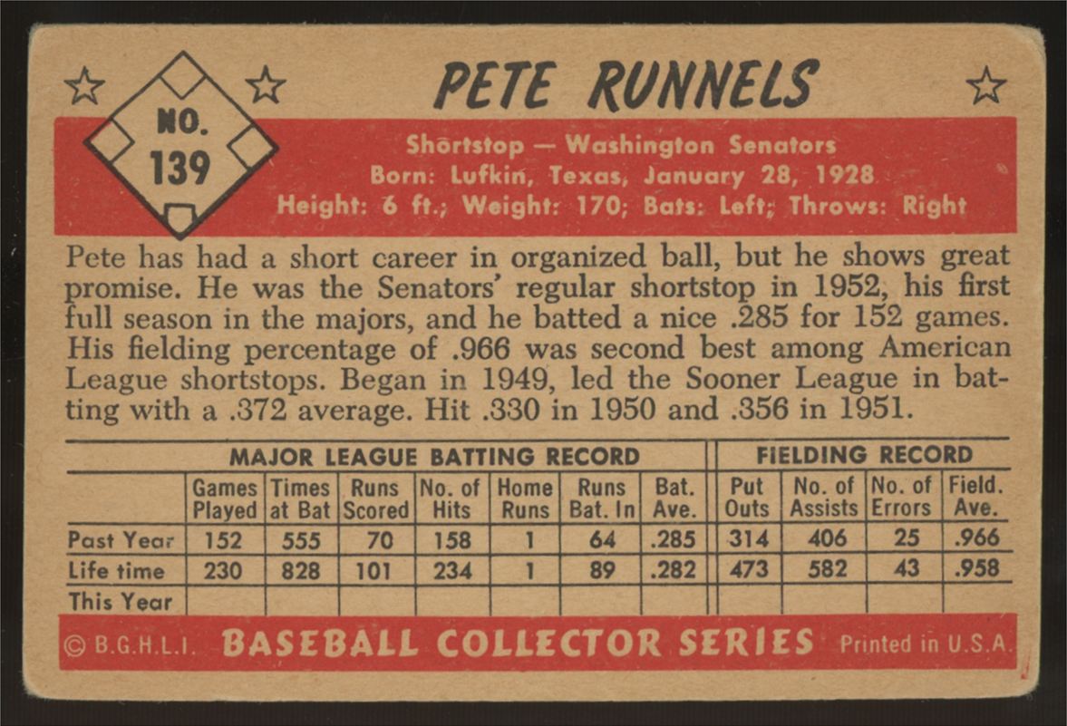 1953 Bowman Pete Runnels #139 VG-VG/EX