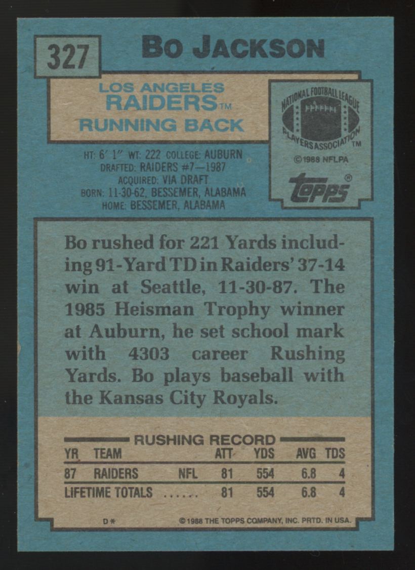 1988 Topps Bo Jackson RC Super Rookie #327 NM