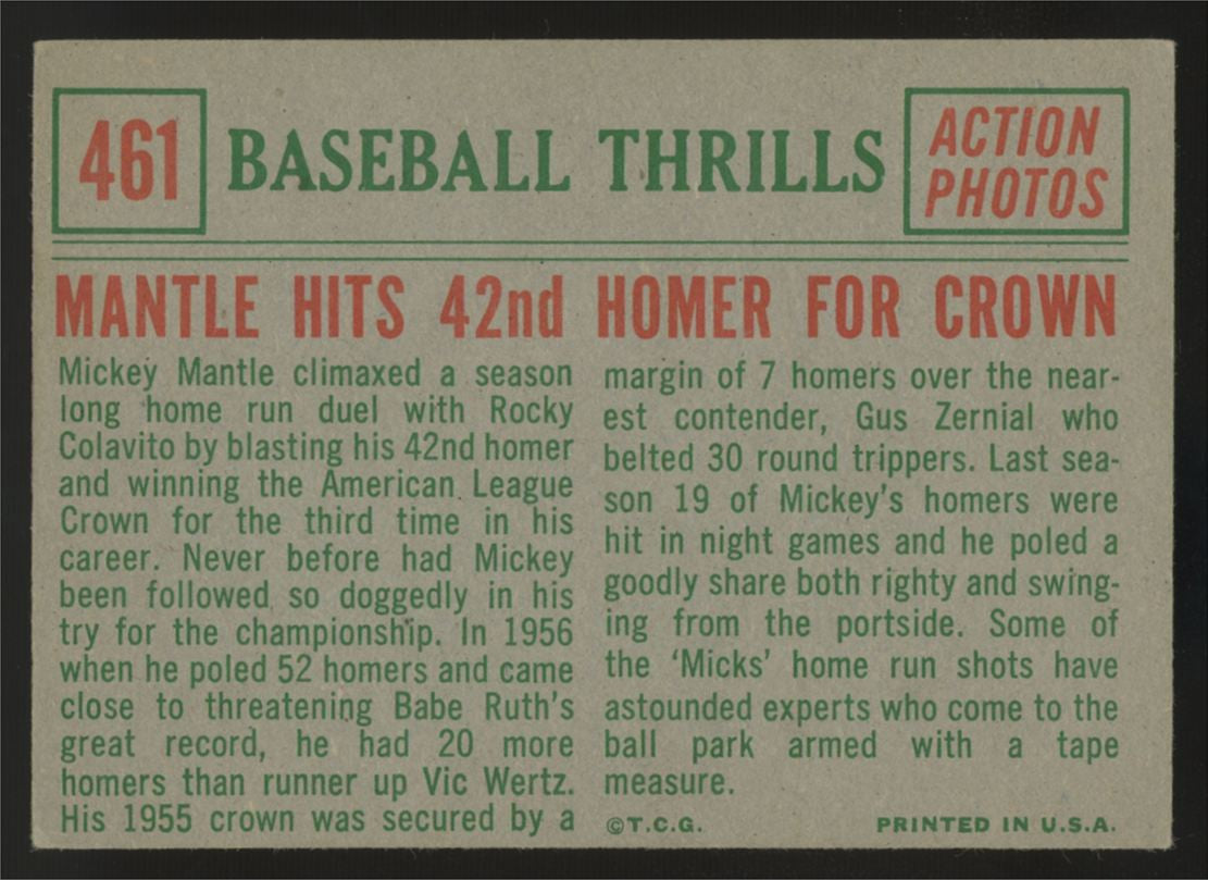 1959 Topps Baseball Thrills Mickey Mantle Hits 42nd Homer #461 VG/EX-EX "A"