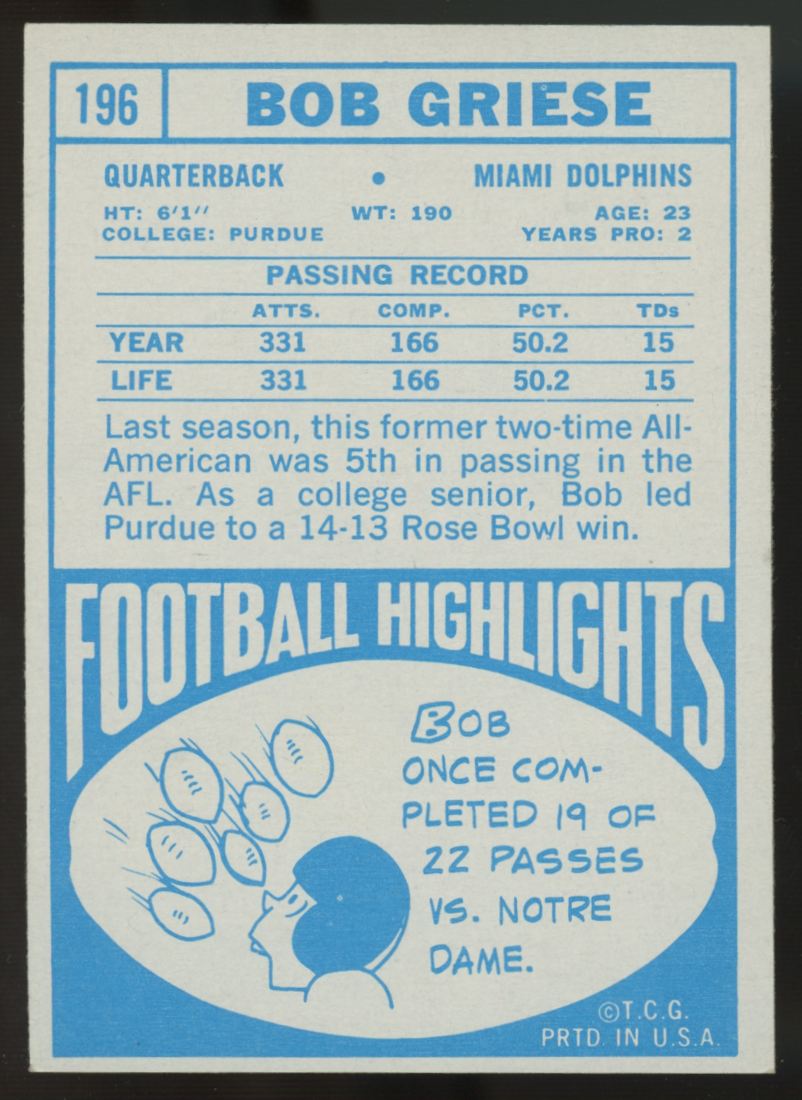 1968 Topps Bob Griese RC #196 NM (O/C)