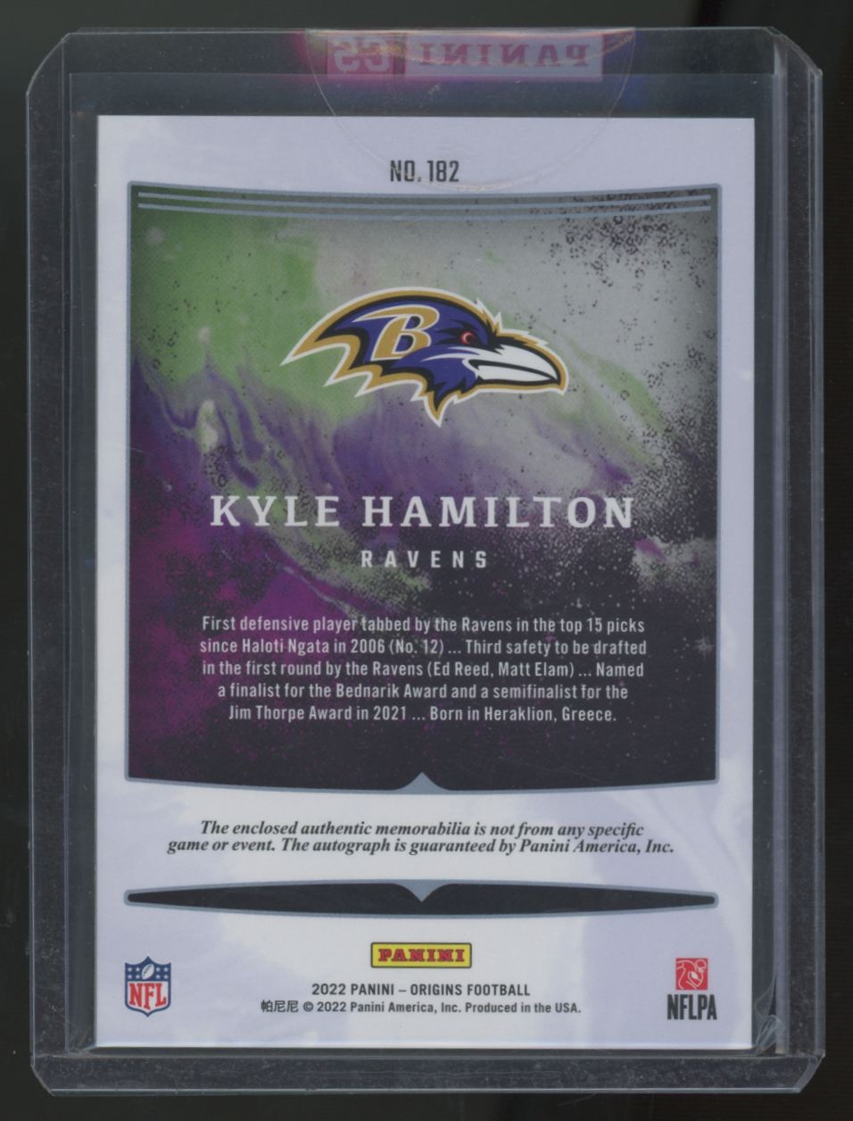 2022 Panini Origins Kyle Hamilton RC Patch Auto RPA #182