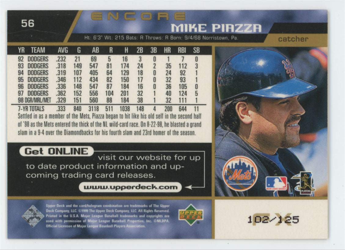 1999 Upper Deck Encore Mike Piazza Gold FX /125 #56