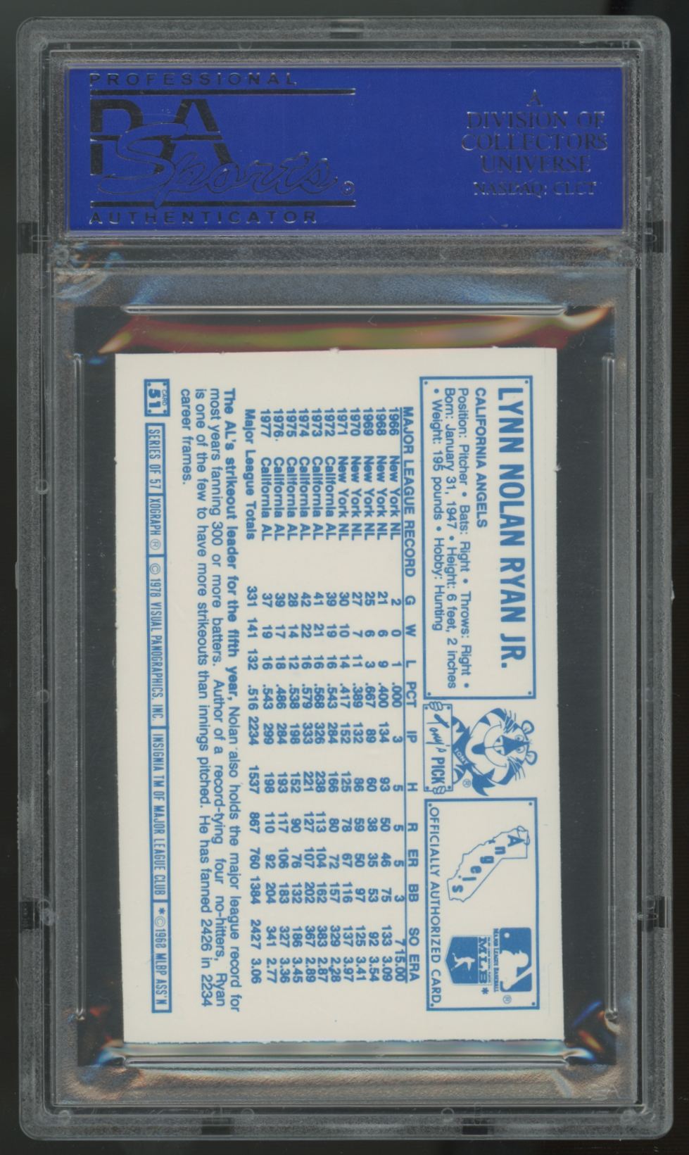 1978 Kellogg's Nolan  Ryan 3-D Super Stars #51 PSA 9