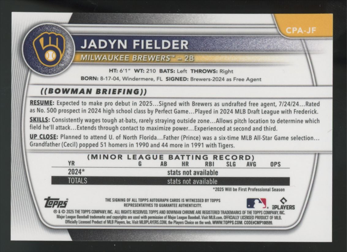 2025 Bowman Jadyn Fielder 1st Chrome Prospect Auto #CPA-JF