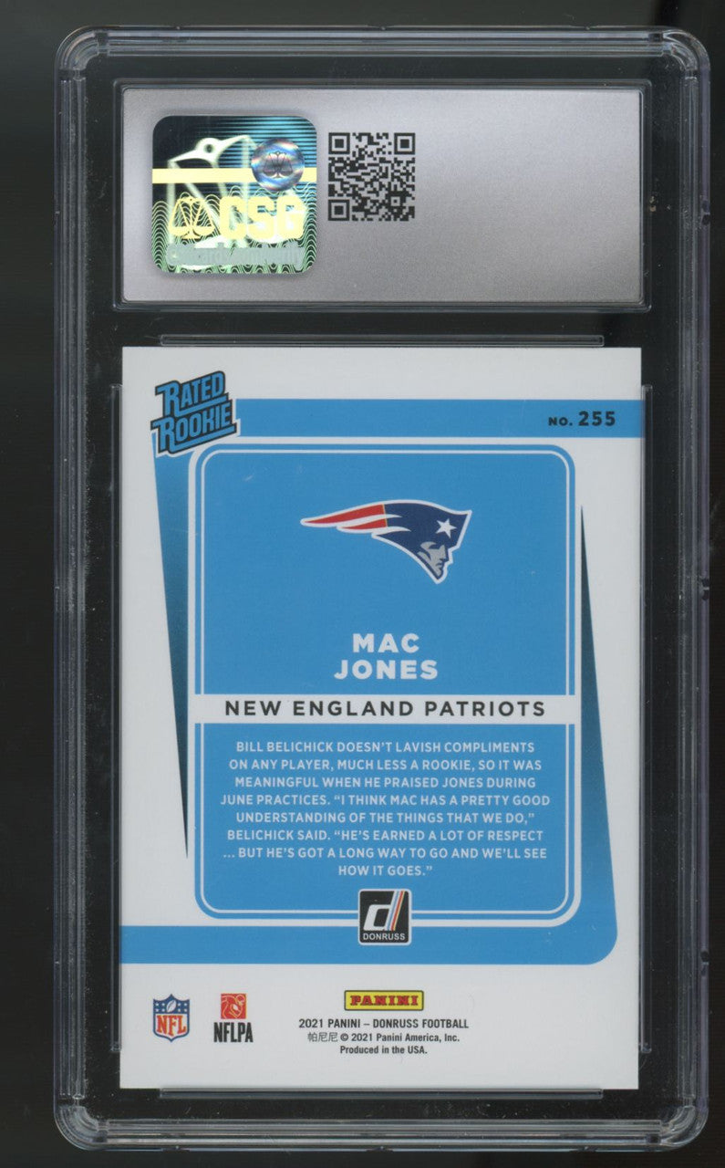 2021 Panini Donruss Mac Jones Rated Rookie Blue Press Proof #255 CSG 9.5