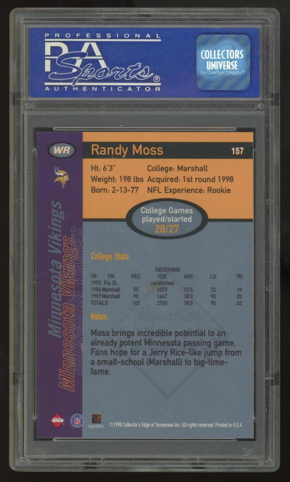 1998 Collector's Edge Randy Moss RC Record Setter #157 PSA 9