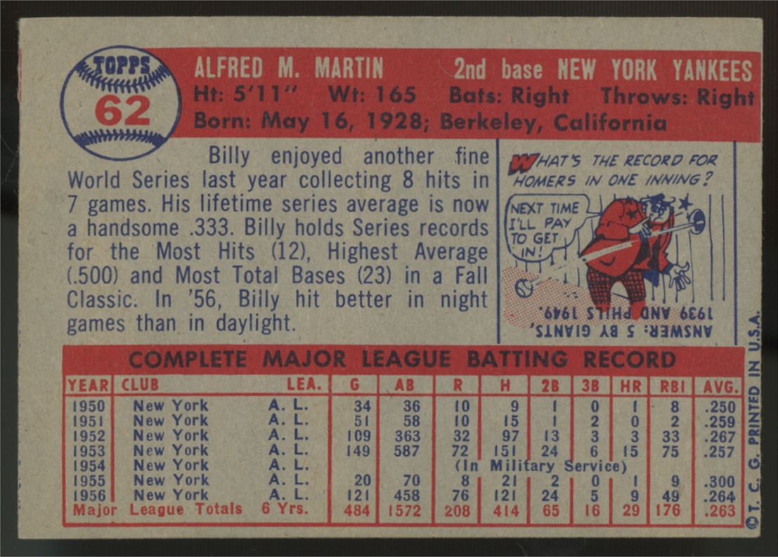 1957 Topps Billy Martin #62 NM (MC)