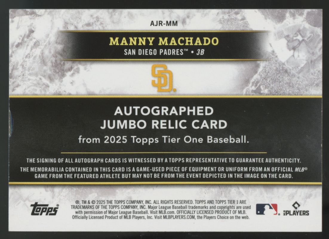 2025 Topps Tier One Manny Machado Blue Jumbo Patch Auto /25 #AJR-MM