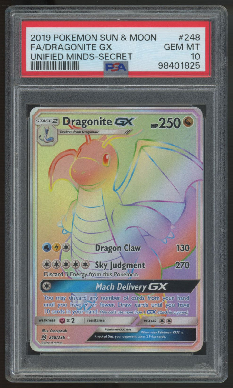 2019 Pokemon Dragonite GX Unified Minds Full Art Secret #248 PSA 10