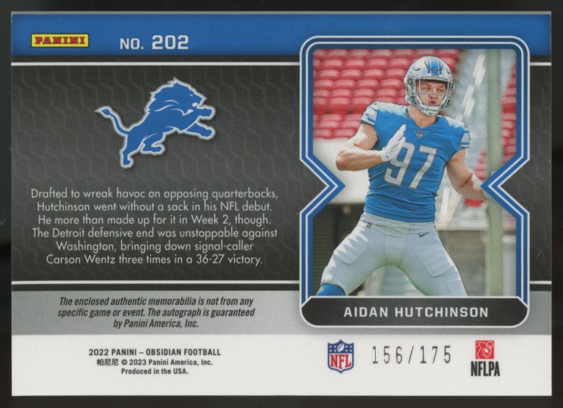 2022 Panini Obsidian Aidan Hutchinson RC Jersey Patch Auto RPA /175 #202