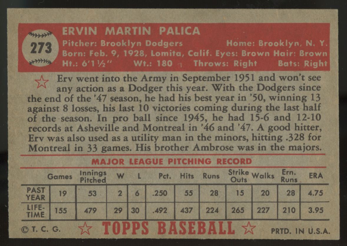 1952 Topps Erv Palica #273 EX