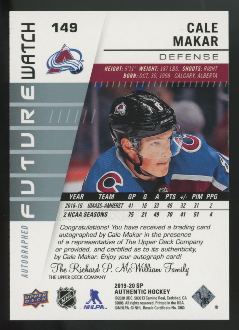 2019-20 Upper Deck SP Authentic Cale Makar RC Future Watch Auto /999 #149