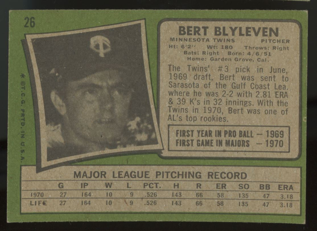 1971 Topps Bert Blyleven RC #26 EX+ "B"