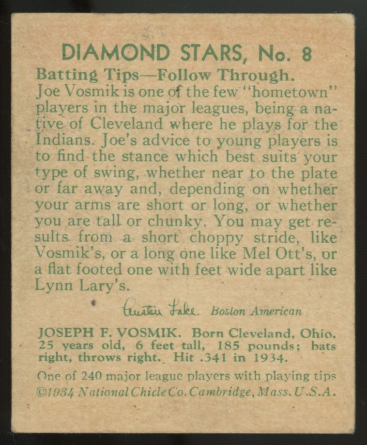 1934 National Chicle Joe Vosmik Diamond Stars #8 EX