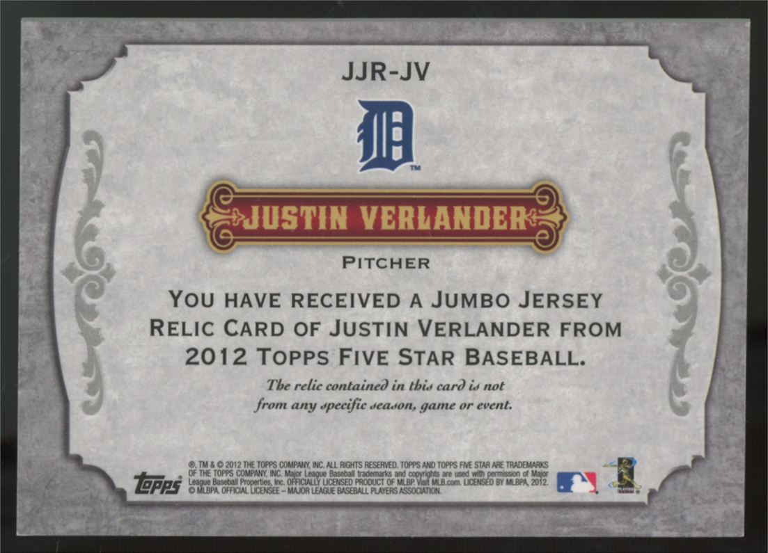 2012 Topps Five Star Justin Verlander Jumbo Patch /92 #JJR-JV