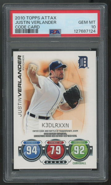 2010 Topps Attax Justin Verlander Code Card PSA 10 *124