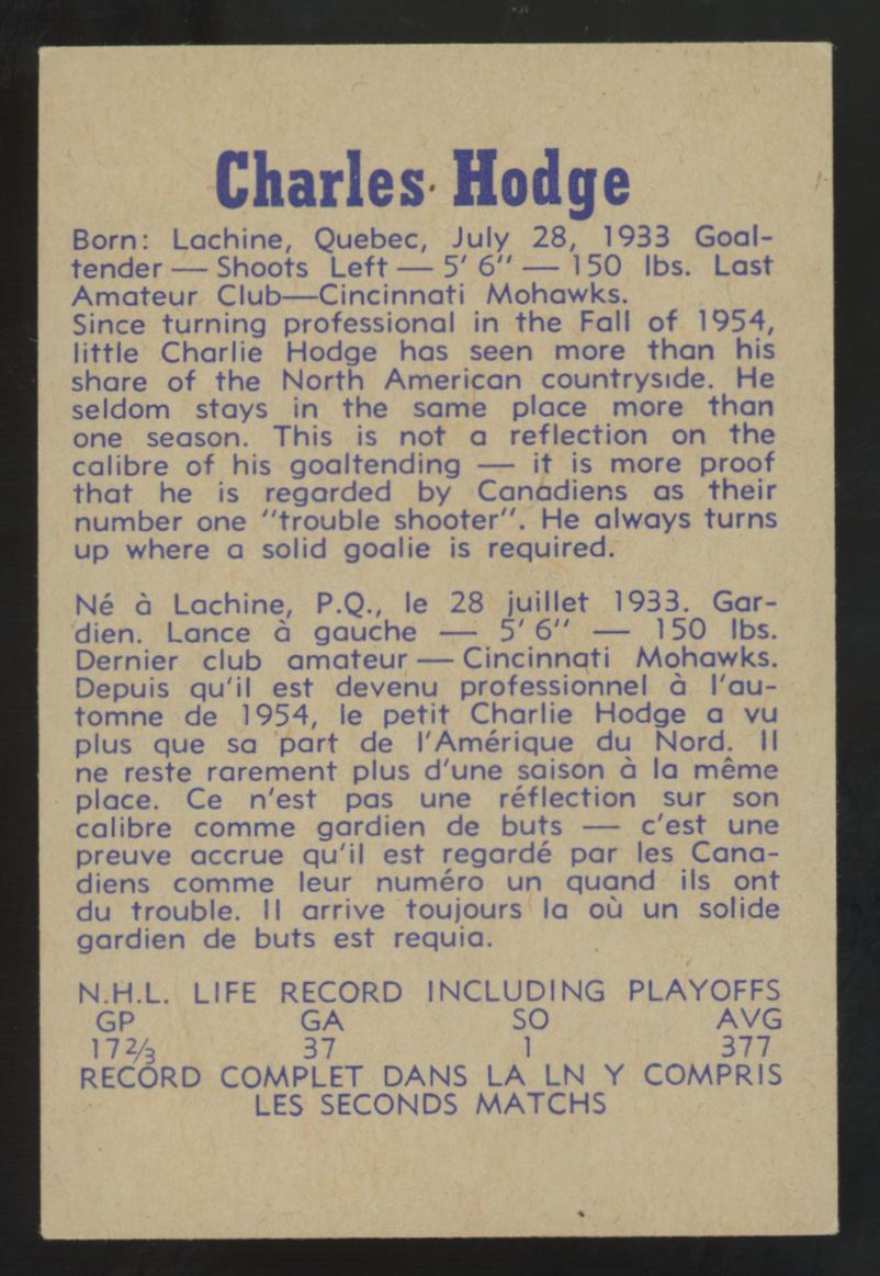 1957-58 Parkhurst Charlie Hodge RC #17 VG-VG/EX (Wrinkle)