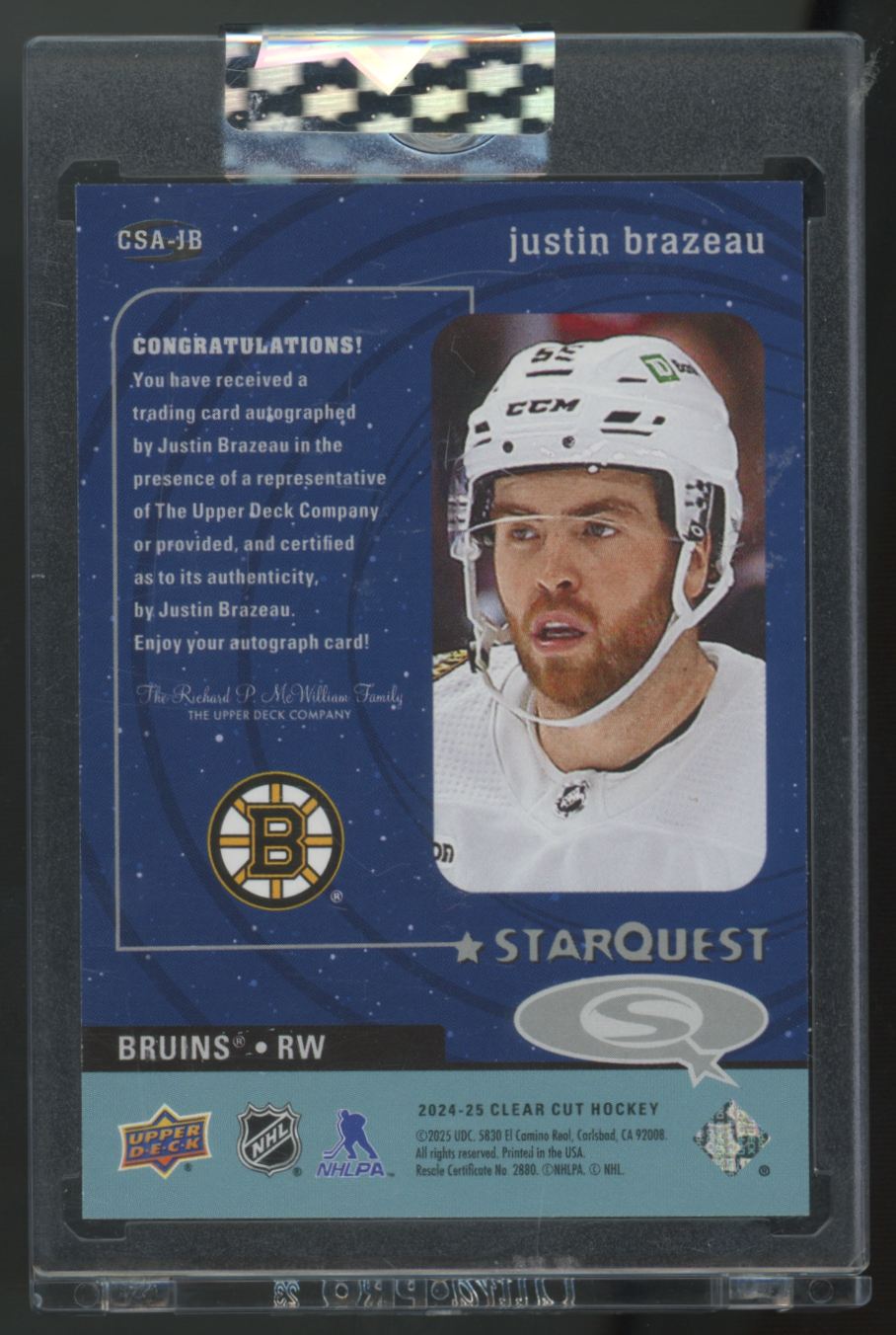 2024-25 Upper Deck Clear Cut Justin Brazeau StarQuest Auto #CSA-JB
