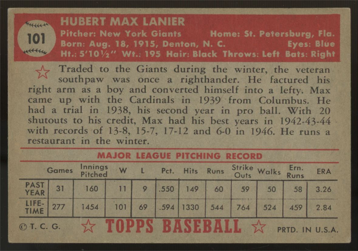 1952 Topps Max Lanier #101 EX