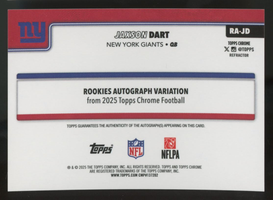 2025 Topps Chrome Jaxson Dart RC Refractor Auto /499 #RA-JD