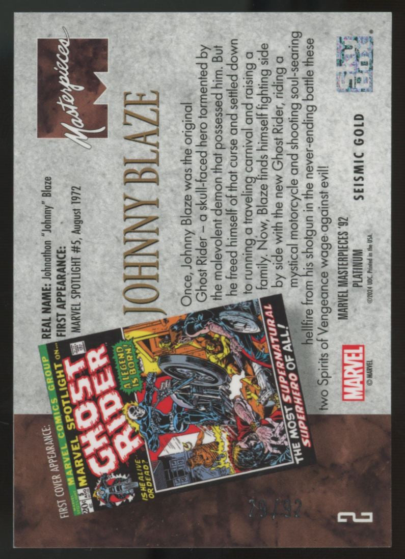 2024 UD Marvel Masterpieces 92' Platinum Johnny Blaze Seismic Gold /92 #2