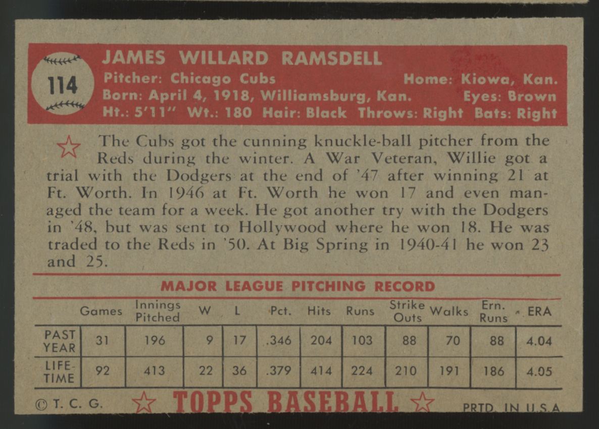 1952 Topps Willard Ramsdell #114 VG
