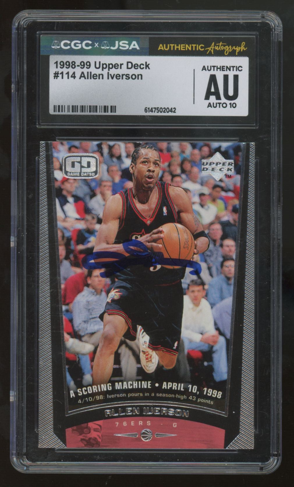 1998-99 Upper Deck Allen Iverson Signed Auto #114 CGC x JSA Authentic Auto 10
