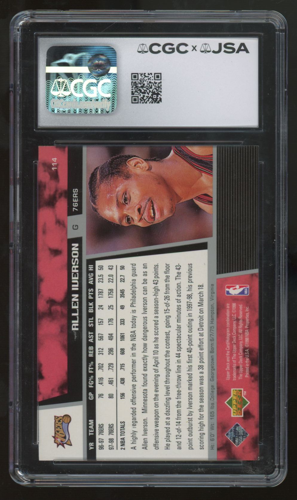 1998-99 Upper Deck Allen Iverson Signed Auto #114 CGC x JSA Authentic Auto 10