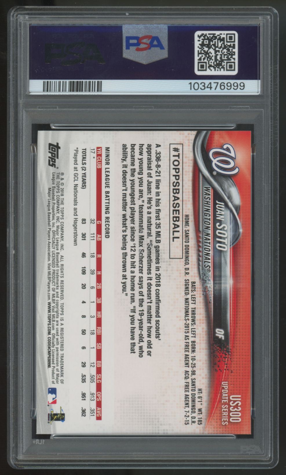 2018 Topps Update Juan Soto RC #US300 PSA 10