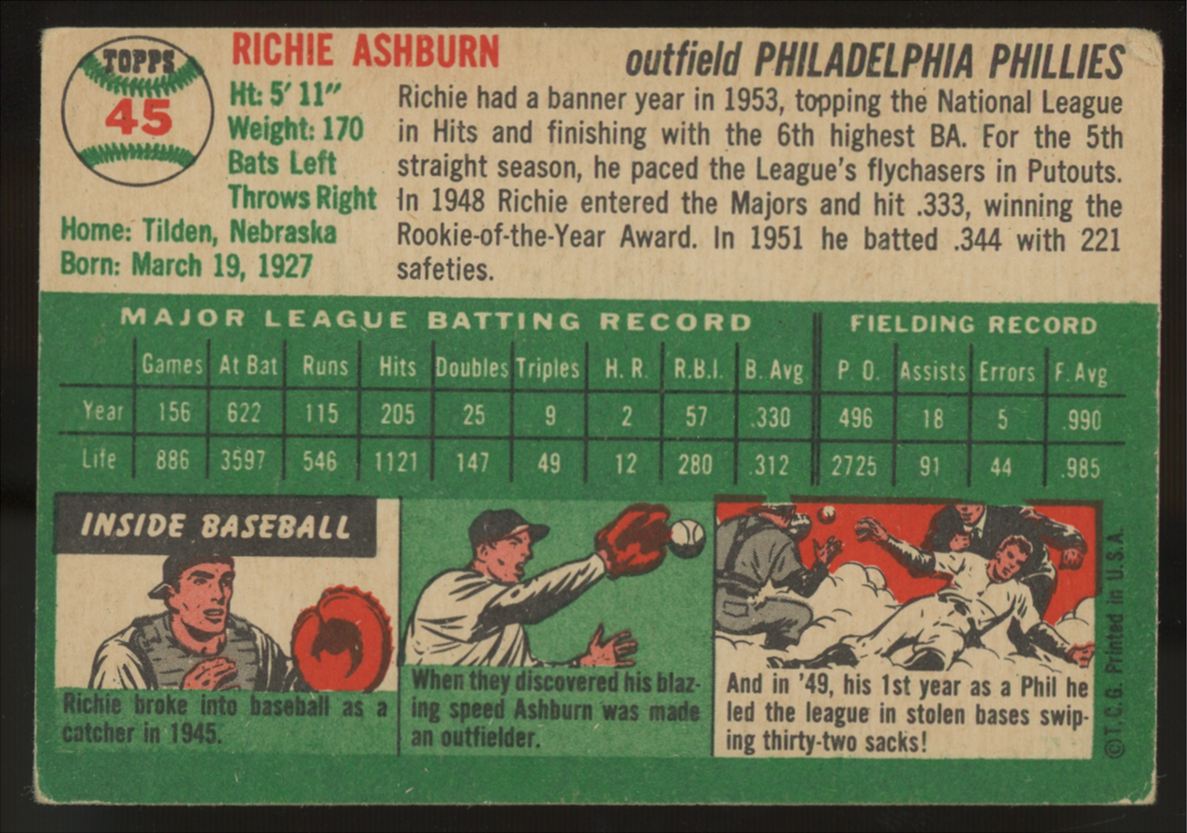 1954 Topps Richie Ashburn #45 VG/EX "A"