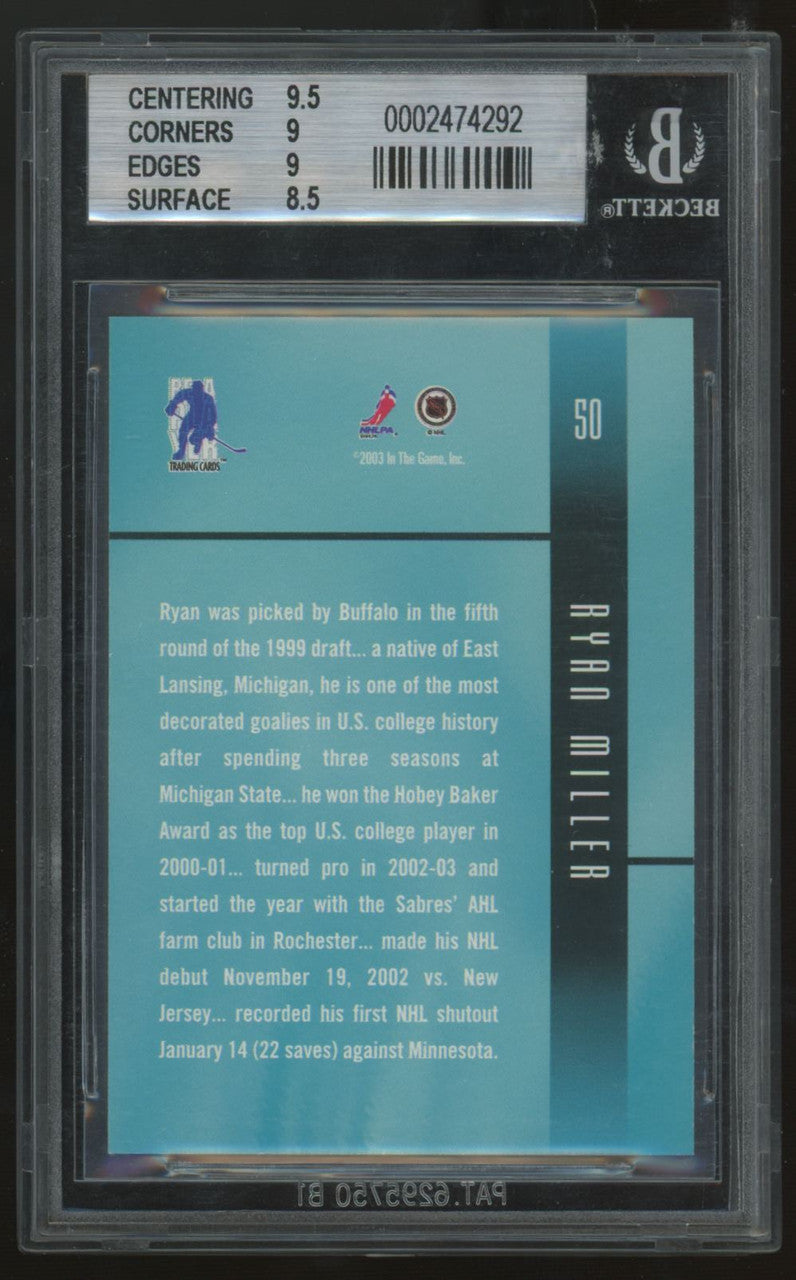 2002-03 Be A Player Ryan Miller RC Ultimate Rookies /250 #50 BGS 9