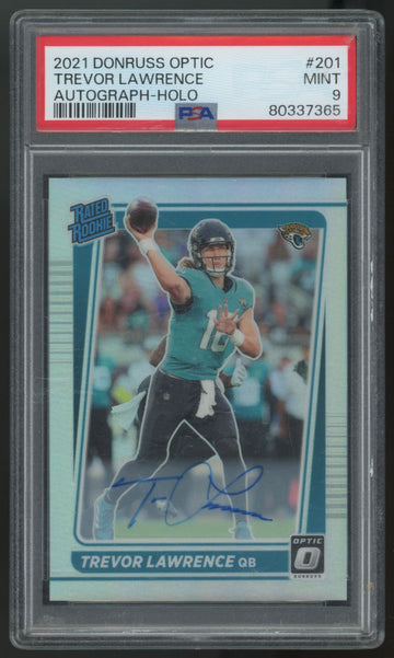 2021 Donruss Optic Trevor Lawrence RC Rated Rookie Holo Auto /125 #201 PSA 9