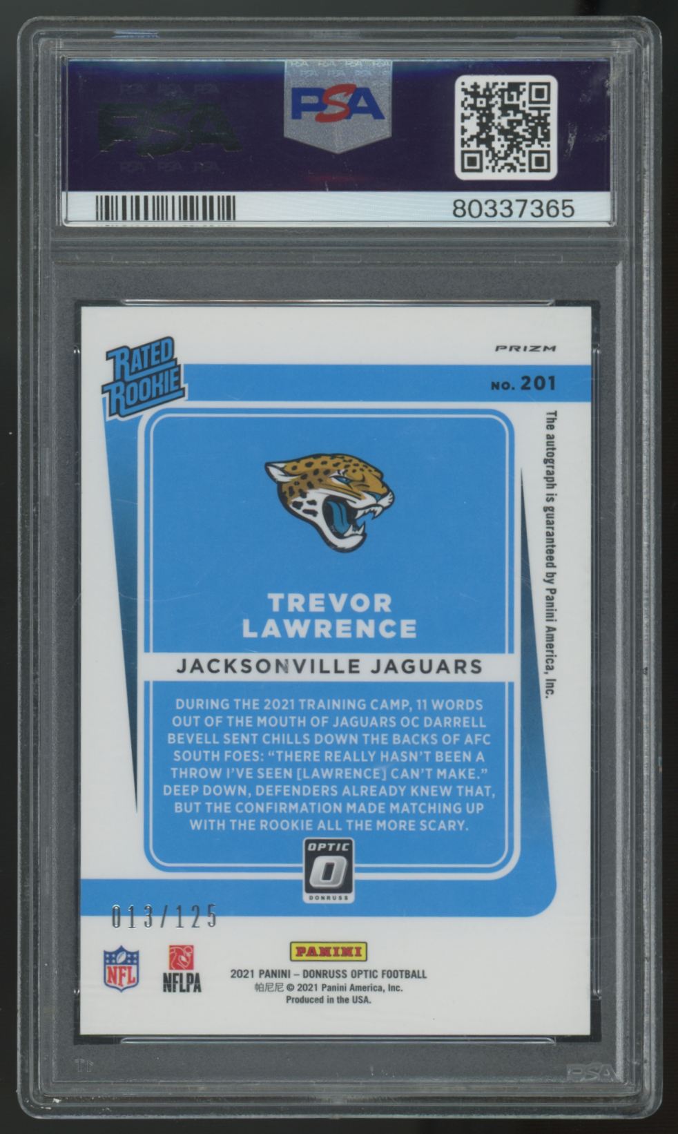 2021 Donruss Optic Trevor Lawrence RC Rated Rookie Holo Auto /125 #201 PSA 9