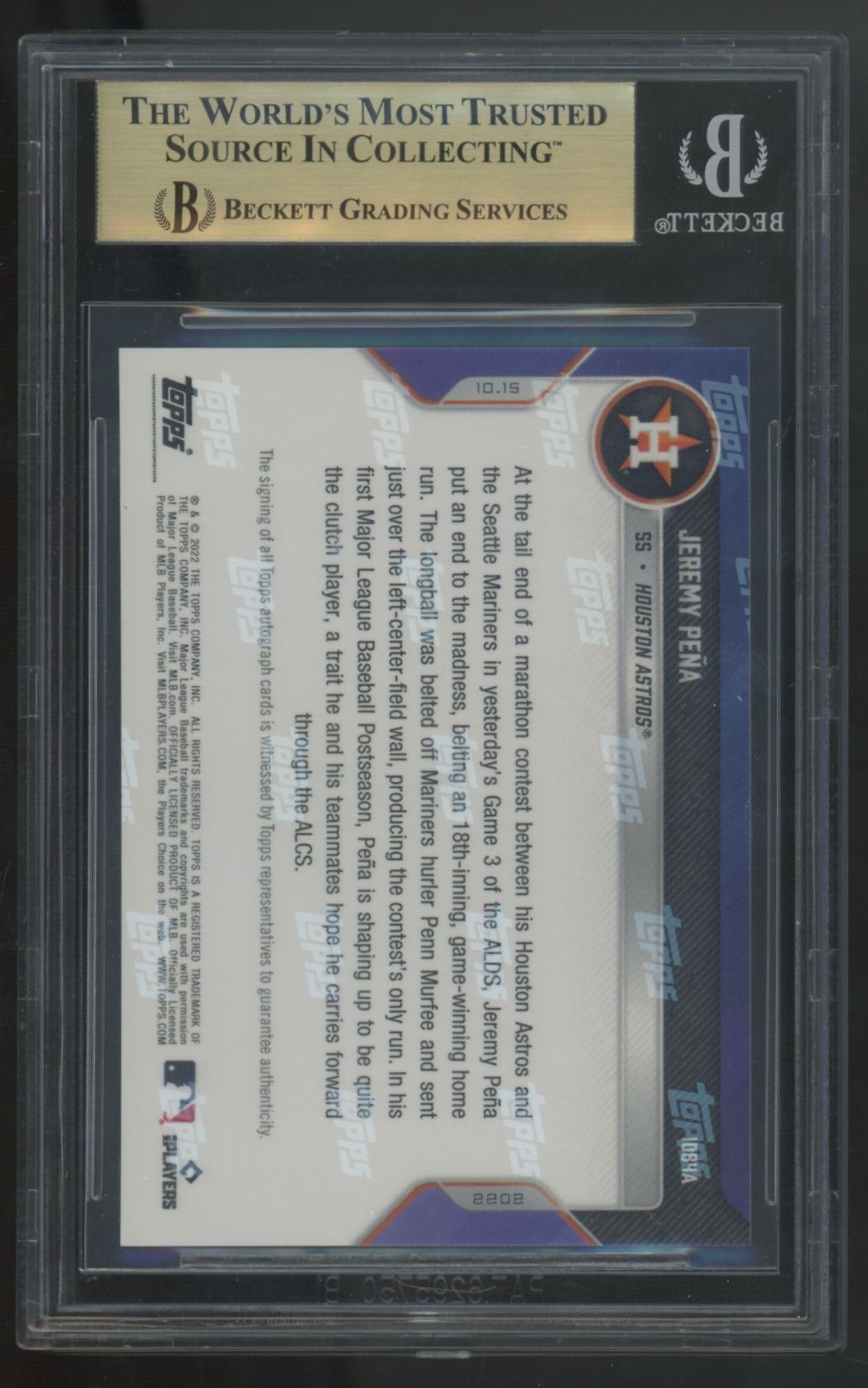 2022 Topps Now Jeremy Pena RC 18th Inning HR Auto /99 #1084A BGS 10