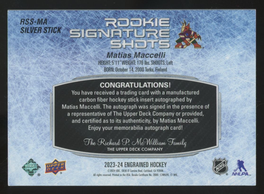 2023-24 UD Engrained Matias Maccelli RC Signature Shots Auto /299 #RSS-MA