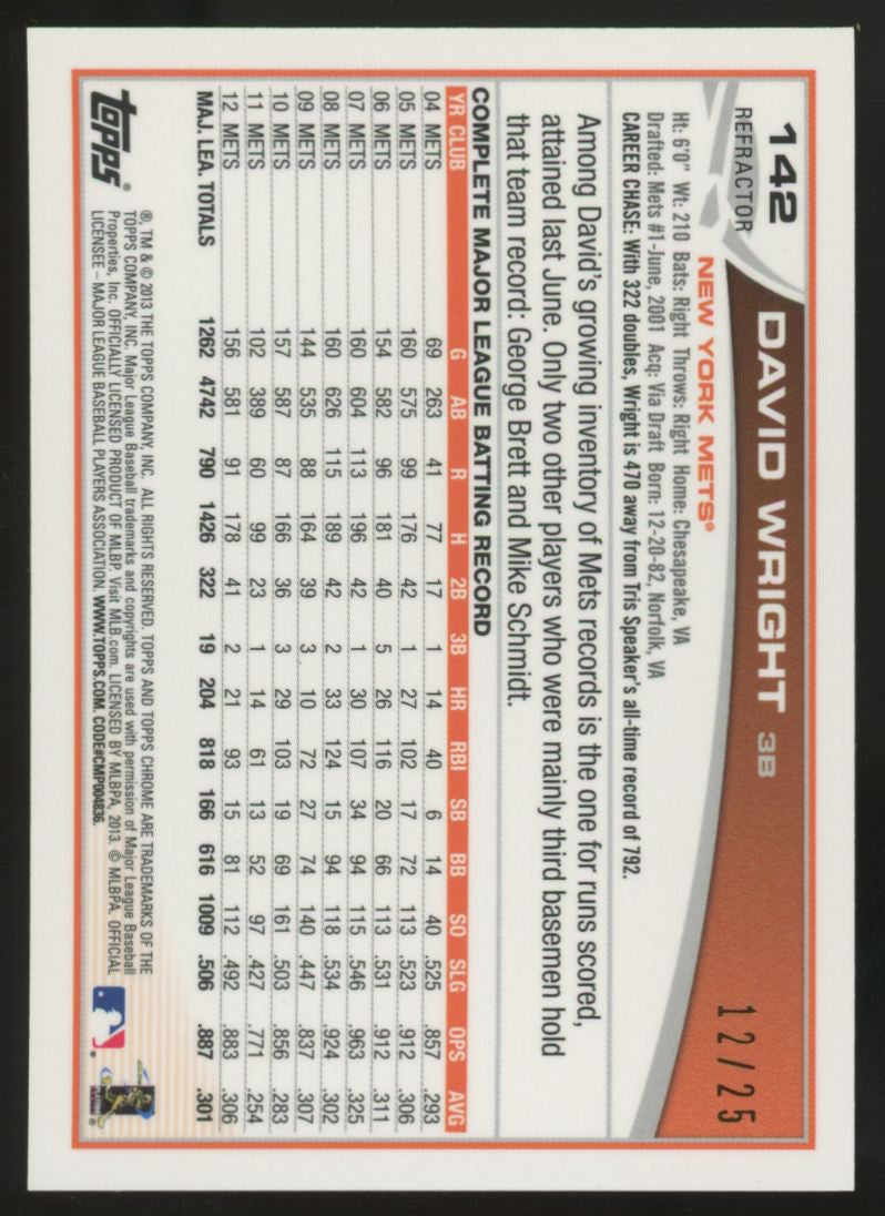 2013 Topps Chrome David Wright Red Refractor /25 #142
