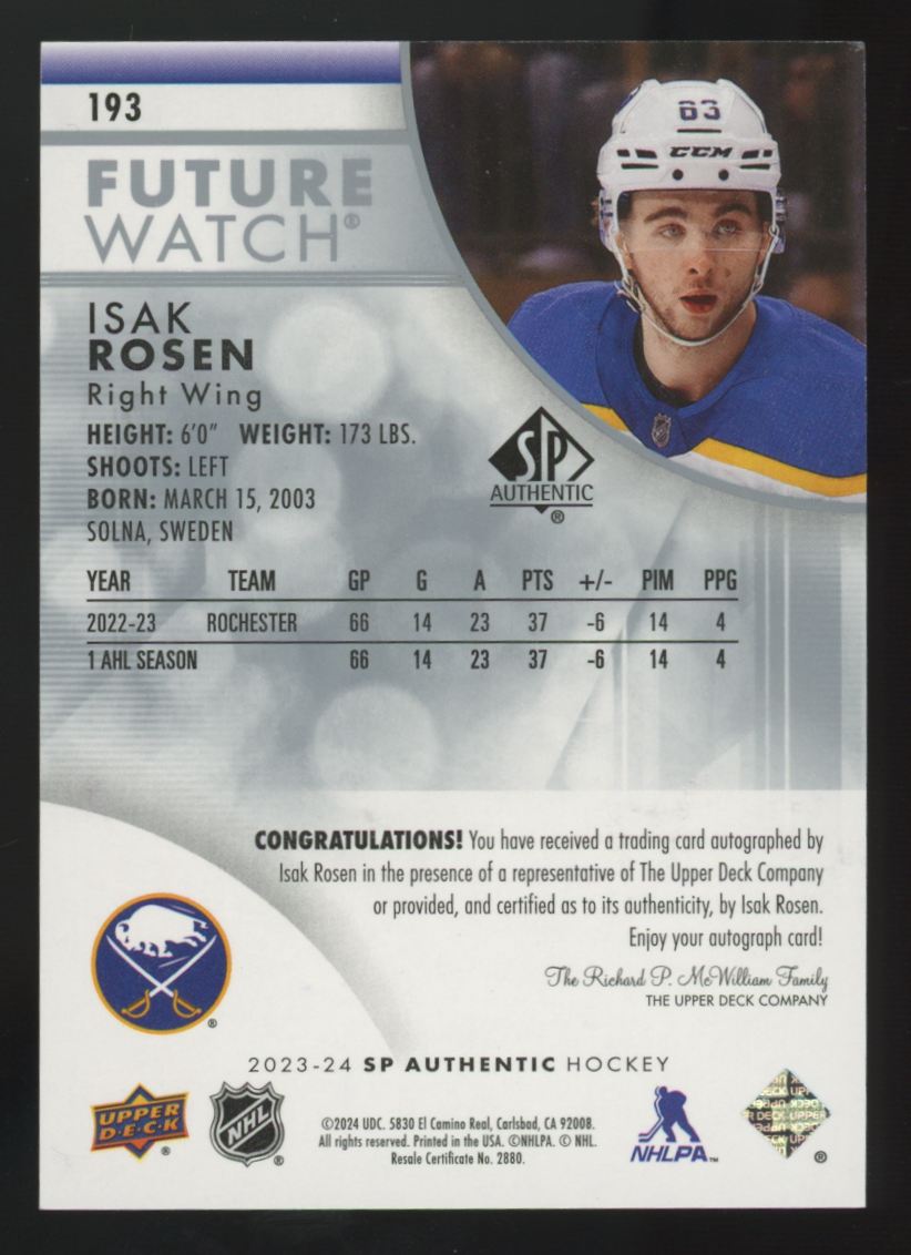 2023-24 UD SP Authentic Isak Rosen RC Future Watch Inscribed Auto /999 #193