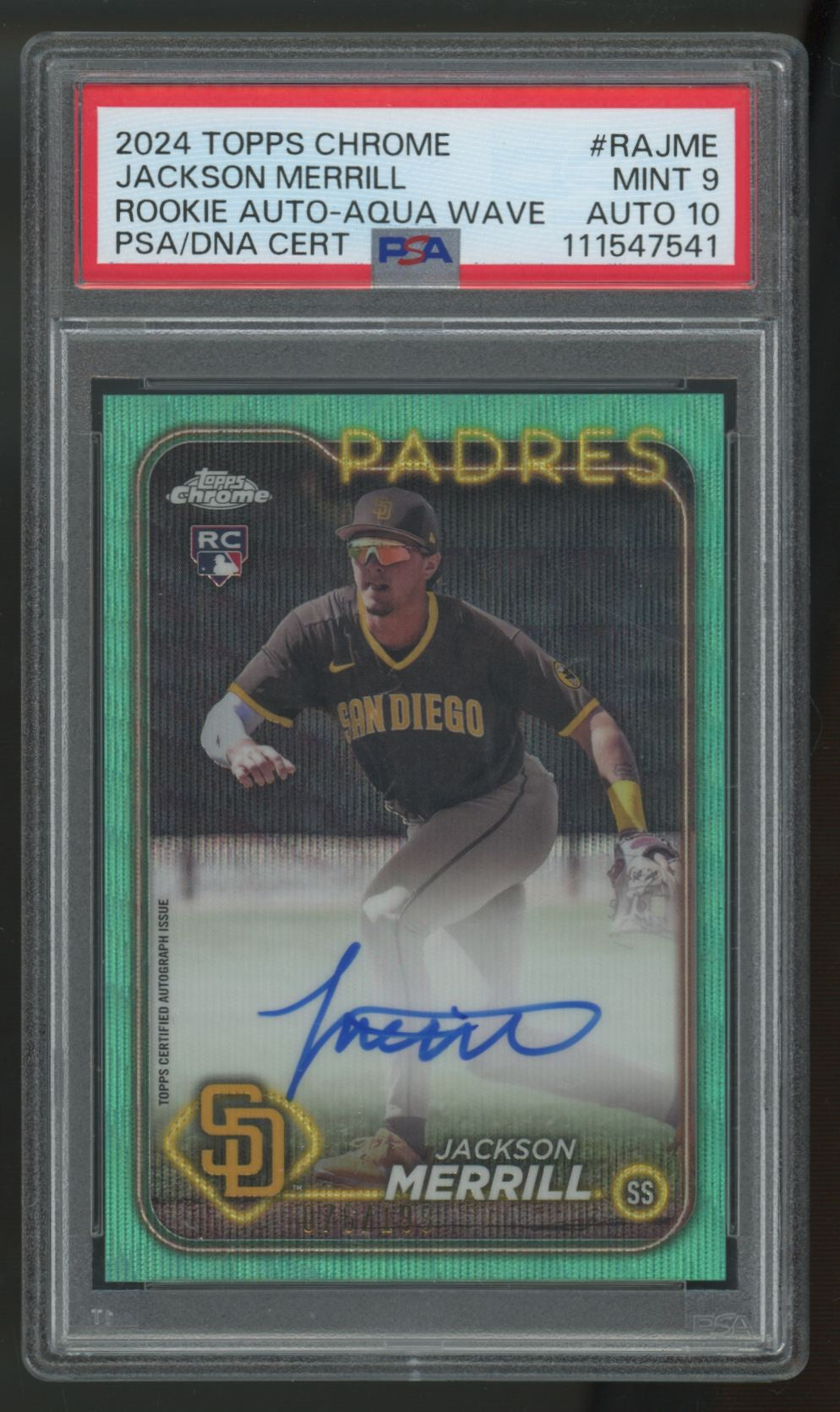 2024 Topps Chrome Jackson Merrill RC Auto Aqua Wave /199 #RA-JME PSA 9 10
