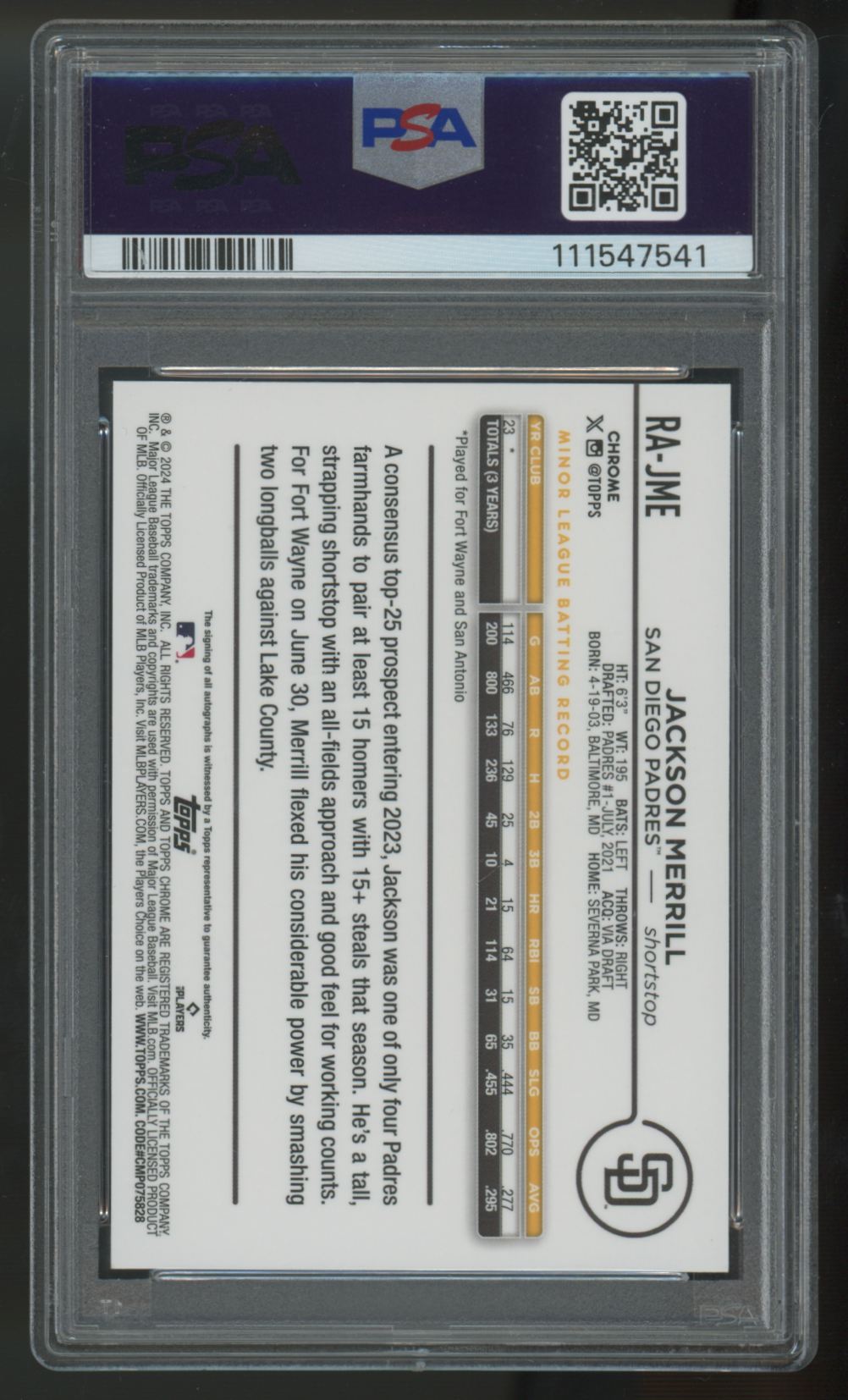 2024 Topps Chrome Jackson Merrill RC Auto Aqua Wave /199 #RA-JME PSA 9 10